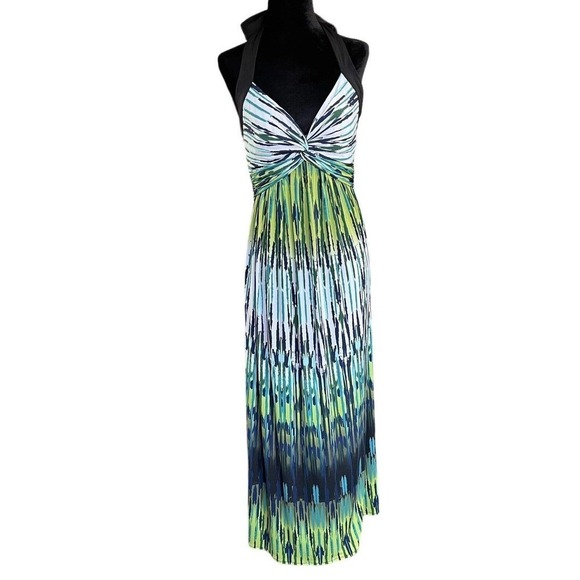 Donna Morgan Green Blue Halter Empire Knot Long Length Maxi Dress Size 6 EUC - Picture 1 of 9
